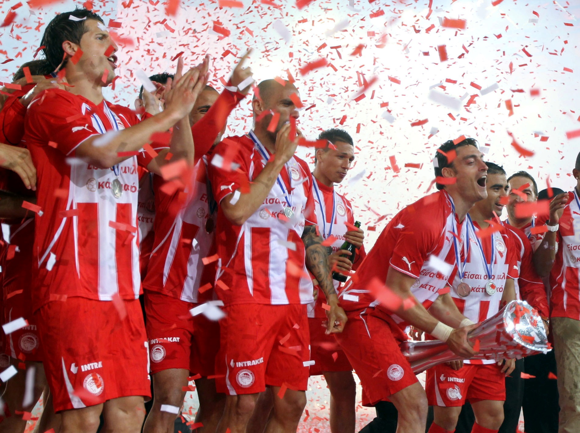 Olympiacos F.C. celebrate their 28th championship title