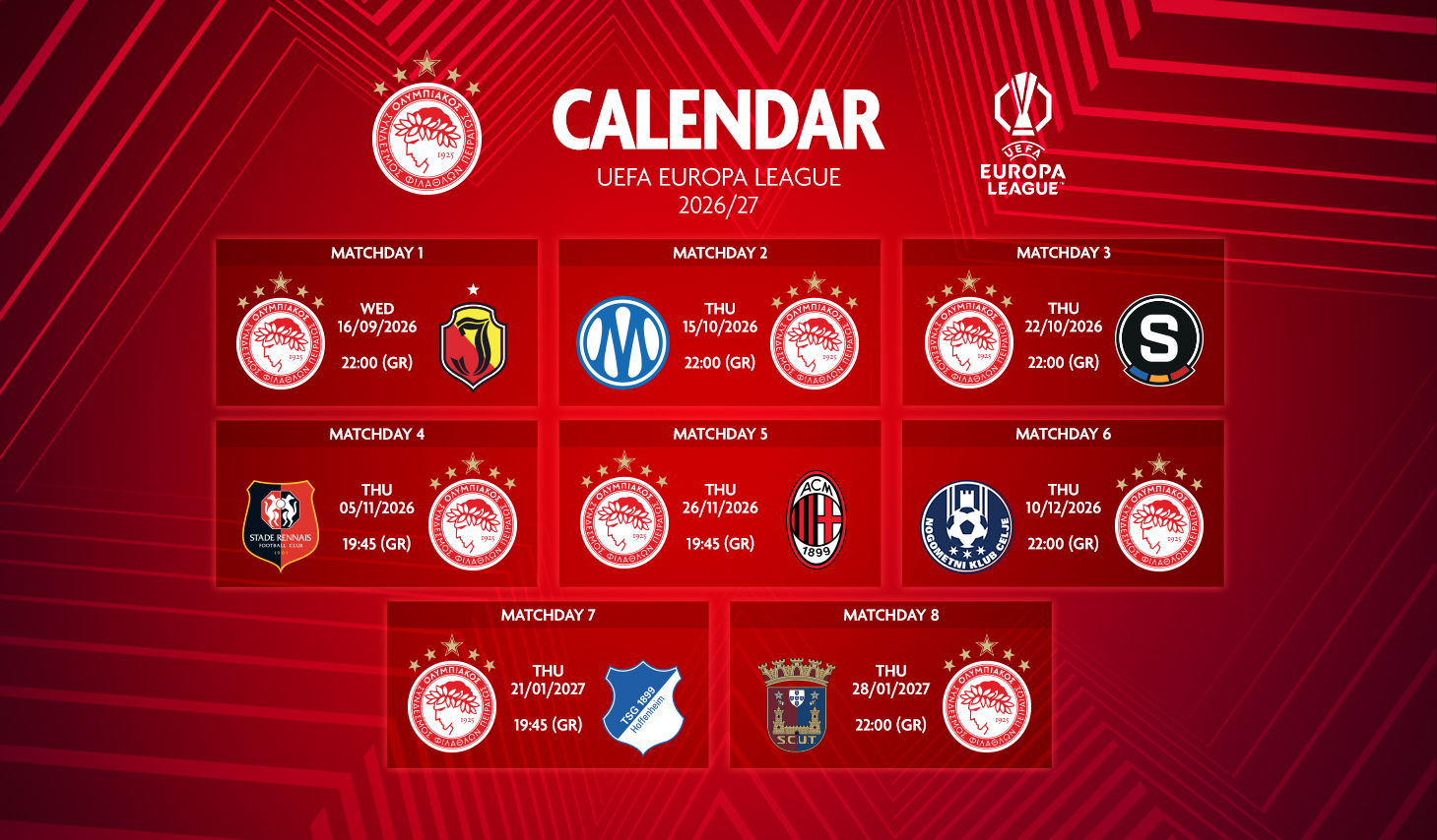 Το πρόγραμμα του Ολυμπιακού στο UEFA Europa League